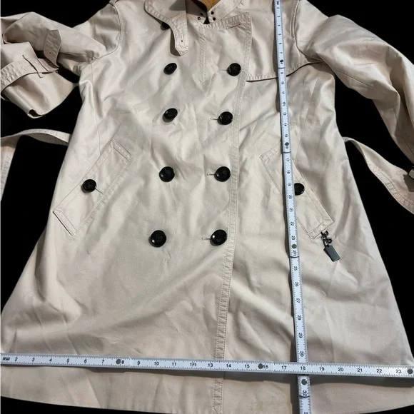 Coach New York F34024 Beige Trench Coat Double Breasted Belted Leather Trim L - Picture 12 of 16